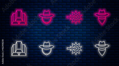 Set line Western cowboy hat, Spur, Gold bars and Cowboy. Glowing neon icon on brick wall. Vector