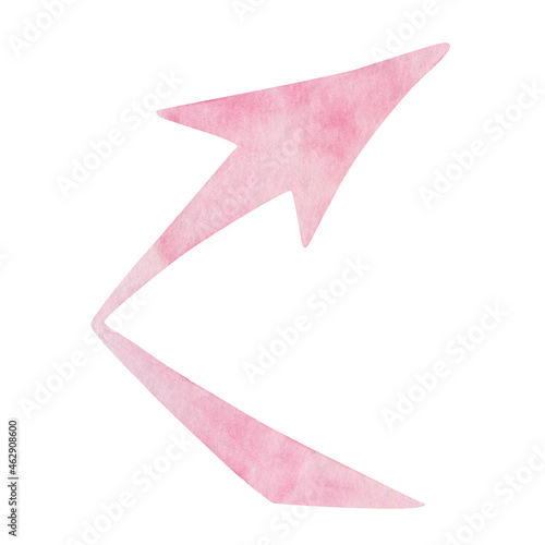 Watercolor illustration hand painted pink bent arrow showing the way, direction on the road isolated on white background. Sign clip art element for design postcards, packaging paper, fabric textile photo
