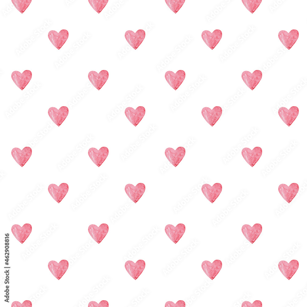 Watercolor hearts seamless pattern. Pink Valentine day element on white background. Symmetric ornament ror fabric