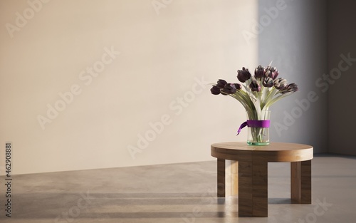Still life lilac flowers in a vase on the table. 3D illustration, cg render