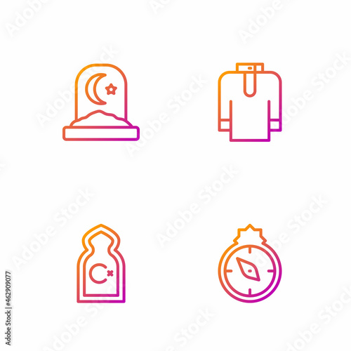 Set line Qibla, Muslim Mosque, cemetery and Shirt kurta. Gradient color icons. Vector