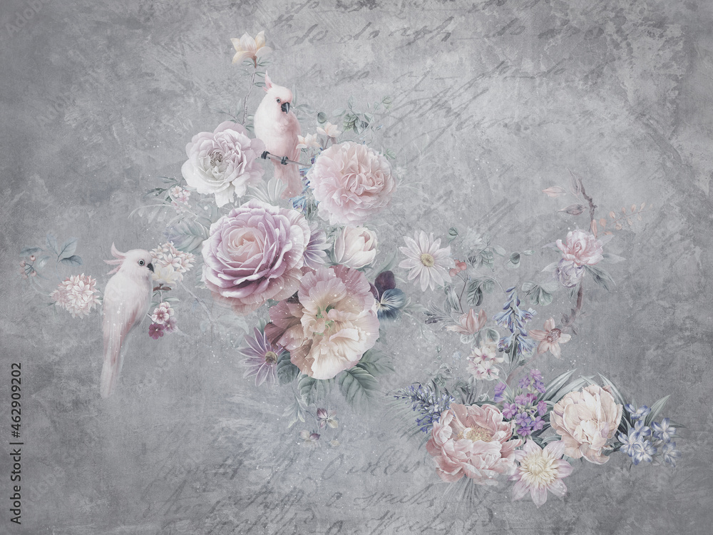 Fototapeta Piękne kwiaty i ptaki