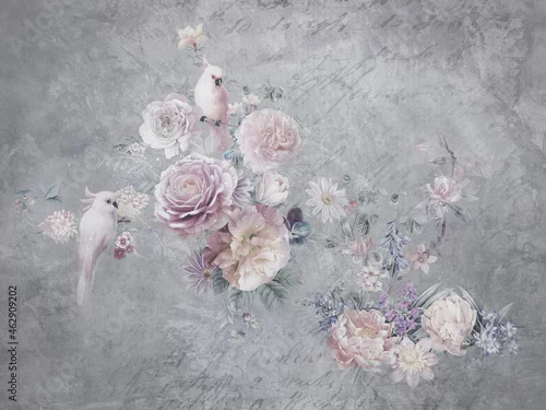 Obraz delikatne kwiaty z ptakami na strukturalnym artystycznym tle