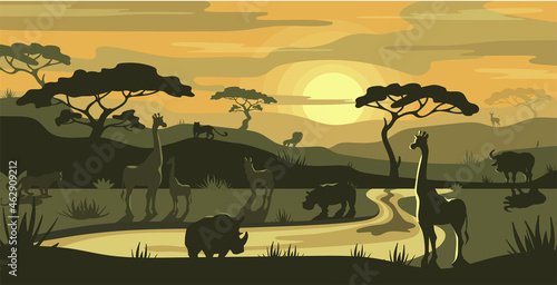 Photography Silhouettes of African animals on the background of the multifaceted landscape of the evening savanna