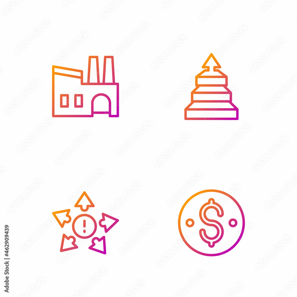 Set line Dollar symbol, Many ways directional arrow, Factory and Pyramid chart infographics. Gradient color icons. Vector Set line Dollar symbol, Many ways directional arrow, Factory and Pyramid chart infographics. Gradient color icons. Vector