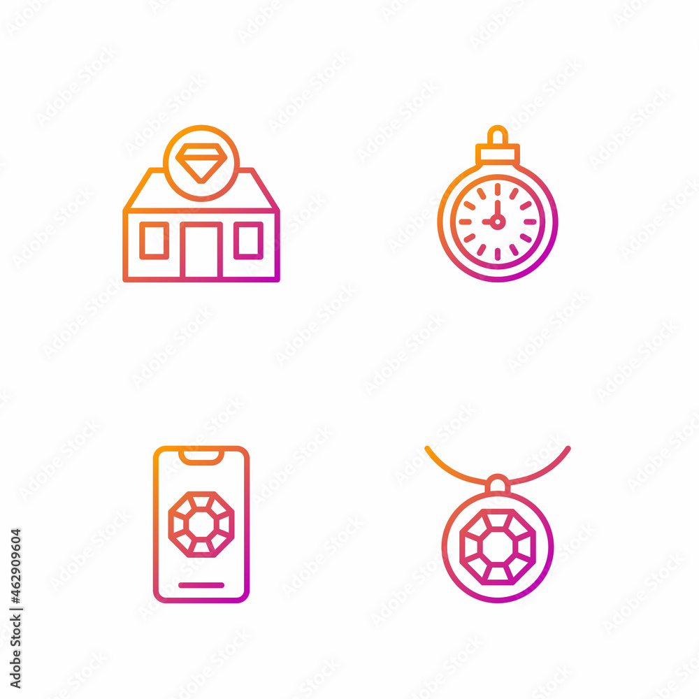 Set line Pendant on necklace, Jewelry online shopping, store and Pocket watch. Gradient color icons. Vector