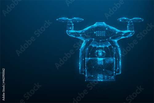 drone with package low poly wireframe. consisting of points, lines, and triangle. delivery service  technology. vector illustration futuristic style. copy space for text input.