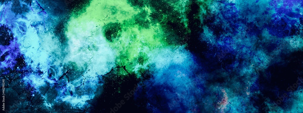 Fluid abstract green and blue background, concept of galaxy space, universe with black spots, nebula idea, modern watercolour hand drawn art, wallpaper for print
