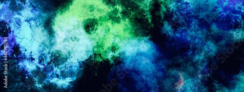 Fluid abstract green and blue background  concept of galaxy space  universe with black spots  nebula idea  modern watercolour hand drawn art  wallpaper for print