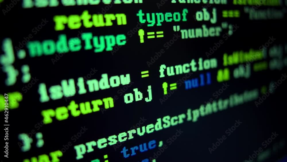 Close up of monitor screen with developing programming and coding technologies. Programmer or hacker is typing code on keyboard. Concept of bitcoin btc mining and development in virtual cyber space Close up of monitor screen with developing programming and coding technologies. Programmer or hacker is typing code on keyboard. Concept of bitcoin btc mining and development in virtual cyber space