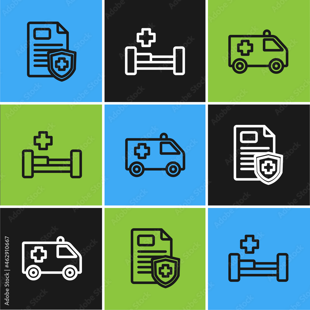 Set line Patient record, Ambulance car and Hospital bed icon. Vector Set line Patient record, Ambulance car and Hospital bed icon. Vector