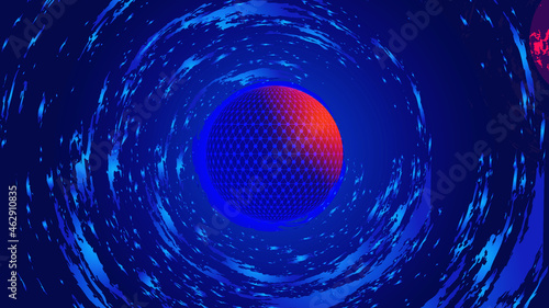 Modern abstract dark blue Swirl clouds around 3D globes with abstract net or circle wireframe structure Vector illustration Space - Galaxy concept. 