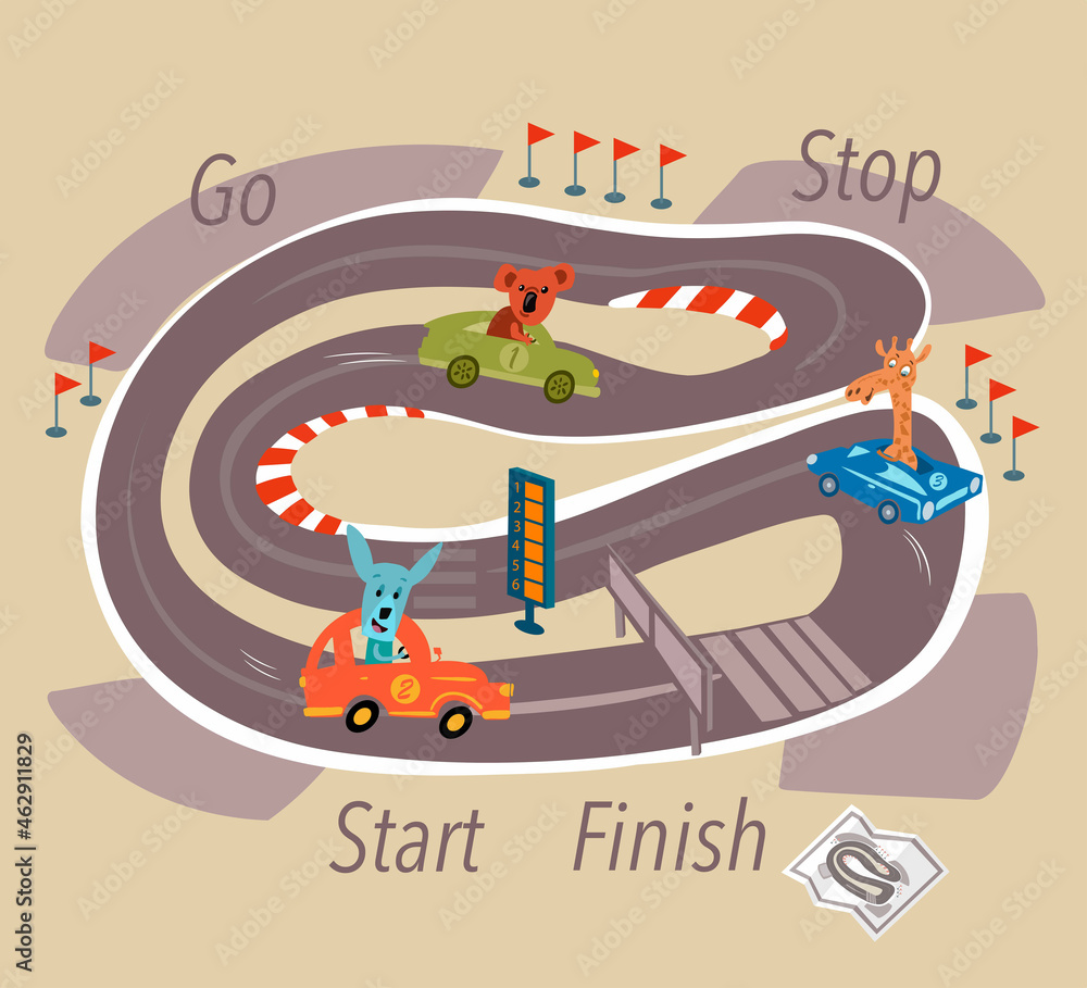 Obraz premium Cute animals in car on track. Full color cartoon picture. Vector color illustration.