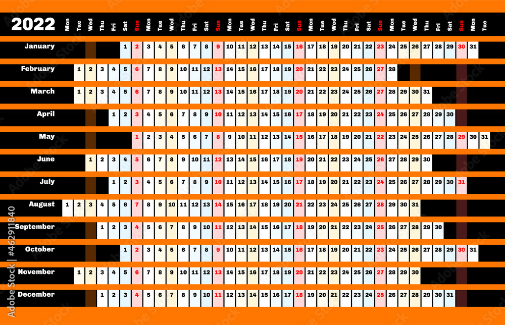 Black linear calendar 2022 with days and months color coding. Black linear calendar 2022 with days and months color coding.