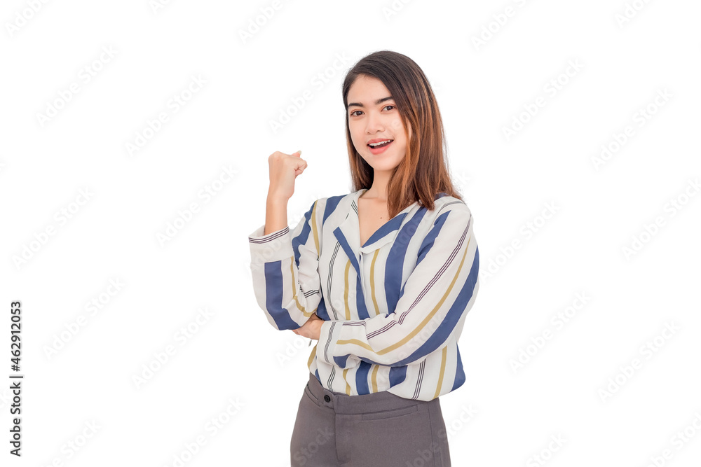 A woman in work clothes is standing with her arms crossed and smiling happily and confidently as she looks at the camera against a white background. A woman in work clothes is standing with her arms crossed and smiling happily and confidently as she looks at the camera against a white background.