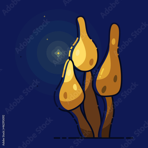 Night fairy-tale with magic yellow mushrooms with lights on blue background in cartoon style. 