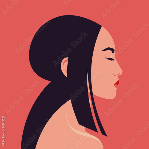 A portrait of a young Asian woman in profile. A fashion model’s head with closed eyes on a red background. Side view. Avatar. Vector flat illustration