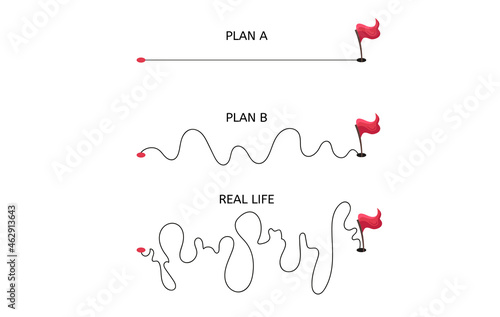 Plan concept with smooth route A and hard road B vs messy real life with flags on the end. Vector flat illustration isolated on white background