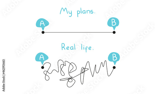 My plans vs Reality or real life, Hard and easy Way, Road from point A to  B. Vector flat illustration on isolated white background.