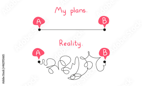 My plans vs Reality or real life, Hard and easy Way, Road from point A to  B. Vector flat illustration on isolated white background.