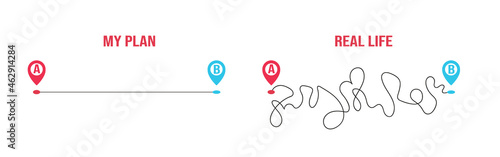 Smooth route A vs reality hard and rough plan B. Сomparison of different way. Vector flat illustration isolated on white background.
