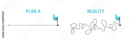 Smooth route A vs reality hard and rough plan B. Сomparison of different way. Vector flat illustration isolated on white background.