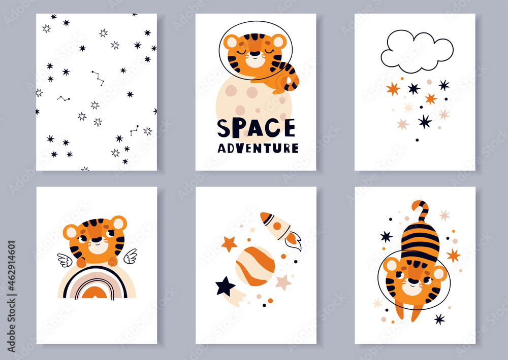 Fototapeta premium Tiger on a space rocket. A set of posters for the children's room. Lettering on the theme of cosmos .
