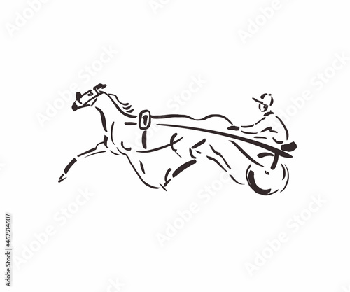 Harness racing icon design, trotter horse outline drawing, cart with horse and jockey