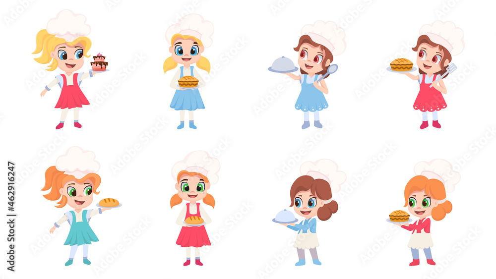 Characters set of children cooks. Girl chef in white hat. Vector illustration Characters set of children cooks. Girl chef in white hat. Vector illustration