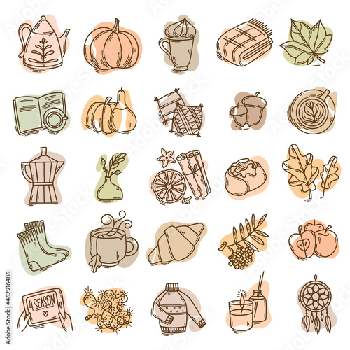 Set of hand-drawn autumn hygge mood vector icons in doodle style. Cozy cute cartoon elements collection isolated on white background for seasonal decoration.