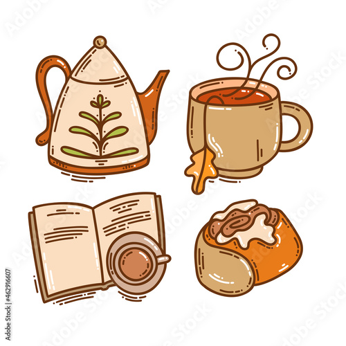Set of color hand-drawn autumn hygge mood vector icons in doodle style. Cozy cute cartoon elements collection isolated on white background for seasonal decoration.
