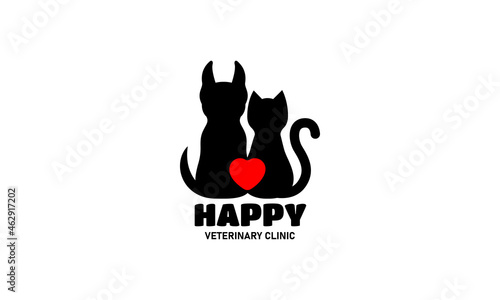 Silhoutte of dog and cat with heart shape for pet shop or animal veterinary clinic