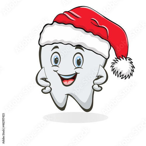 Cute funny cartoon tooth wearing Santa Claus hat. Vector concept of greeting New Year and Christmas for dental clinic with space for text.
