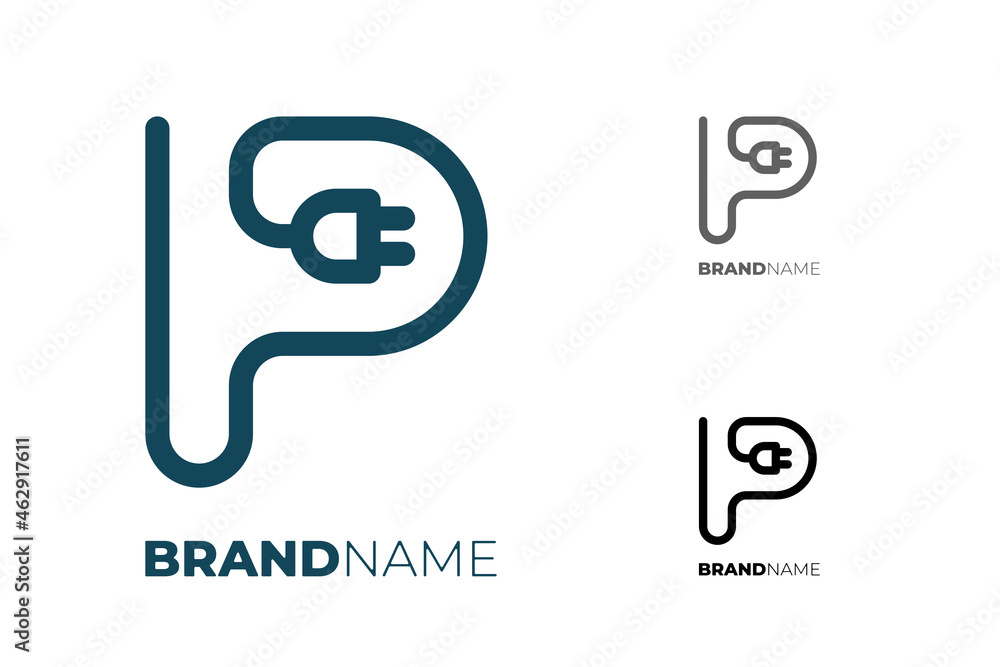 Initial letter P with electrical plug for technology business identity logotype concept. Electric car parking and charging fraphic linear icon. Power energy brand logo design template. Vector Initial letter P with electrical plug for technology business identity logotype concept. Electric car parking and charging fraphic linear icon. Power energy brand logo design template. Vector