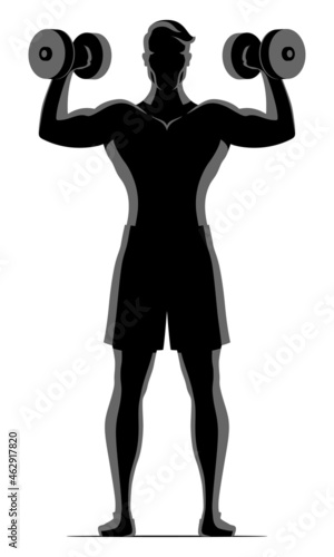 Athletic man doing shoulder press workout with dumbbell weights, isolated on white background. Fitness guy vector illustration.