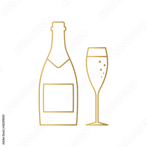 golden champagne bottle and glass, cheers, New Year Eve- vector illustration