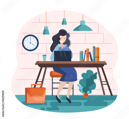 Business woman sitting behind laptop. Freelancer, distance, remote, at home. Girl smiles, prints, works on project, modern technology. Cartoon flat vector illustration isolated on white background