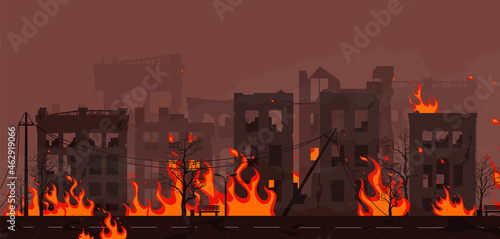 Fire in burning buildings on city street orange flame cityscape. Burning city ruins in fire