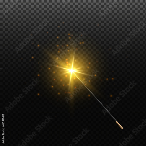 Magic wand with golden swirl and sparkles isolated on transparent background. Magic wand with magical sparkle glitter trail.