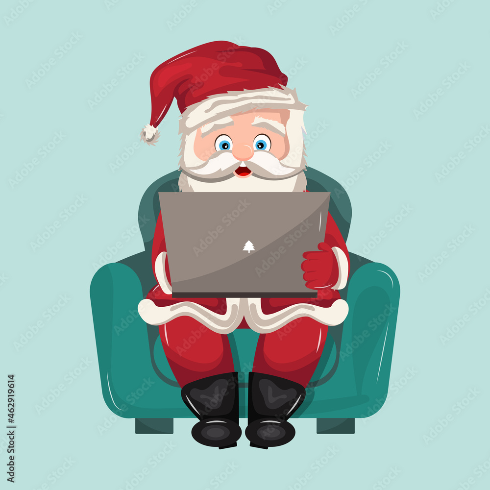 santa claus sitting on a sofa working with his laptop santa claus sitting on a sofa working with his laptop