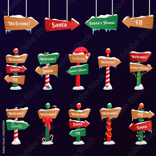 Set of wooden street signs in the snow, winter pointers in flat style. Winter holiday xmas symbol, cartoon banner. Vector illustration EPS10