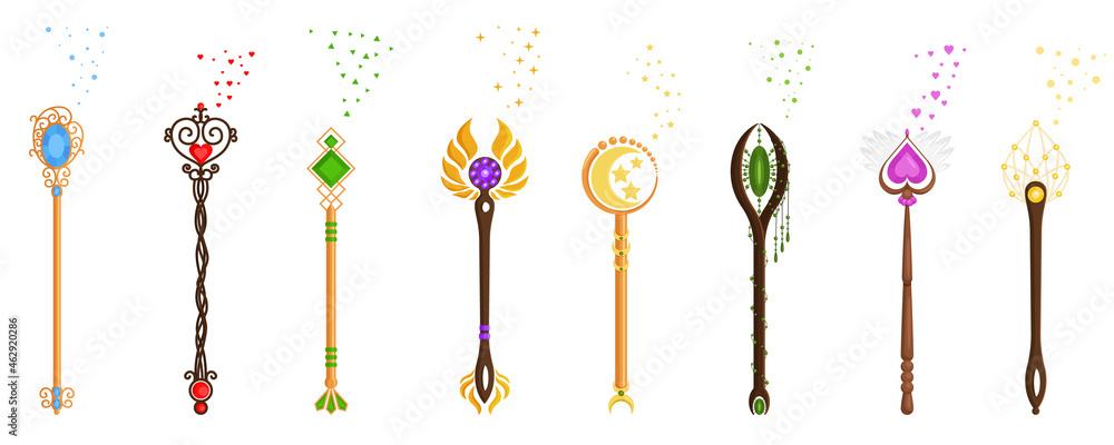 Magic Wands Set. Various wizards of magic wand vector illustration flat design Magic Wands Set. Various wizards of magic wand vector illustration flat design