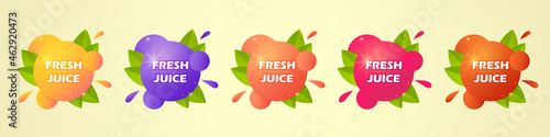 Juice fresh fruit set label icon. Orange, blueberry, peach, raspberry, strawberry. Design sticker. Vector illustration.