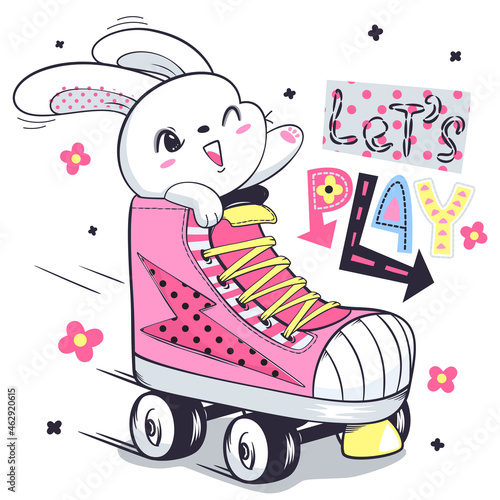 Happy cute rabbit cartoon playing roller skates on white background illustration vector, T-shirt design for kids.