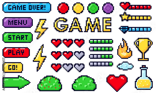 Pixel game buttons. Games UI, gaming controller arrows and 8 bit pixels button.Pixel game elements set. Vintage computer video arcades.