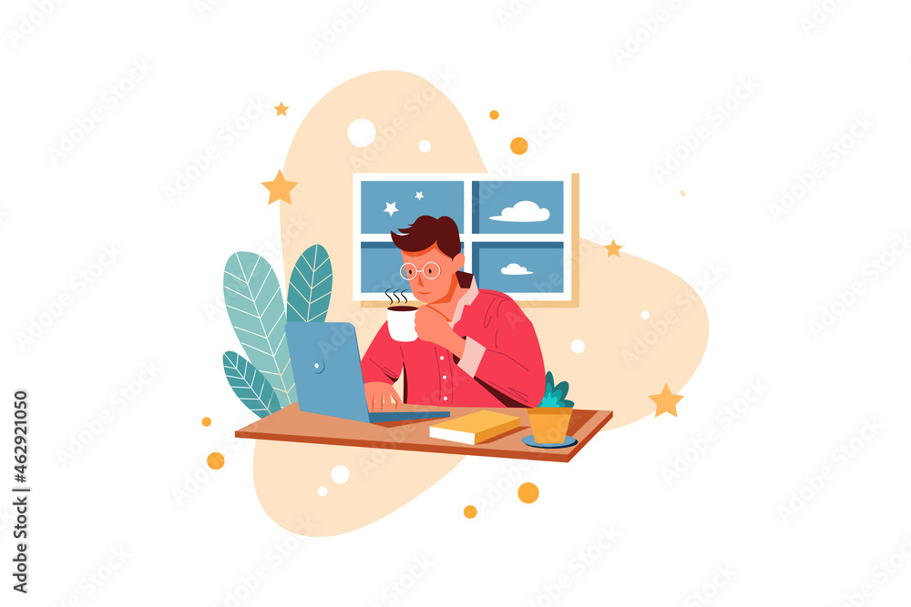 Boy with coffee studying at home with laptop Boy with coffee studying at home with laptop