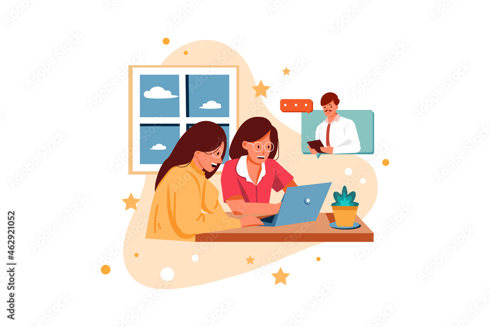 Obraz premium Two women discuss with their boss through the online call