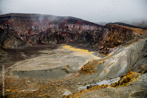 Volcano crater with yellow sulfur of Aso mountain in Kyushy, Japan