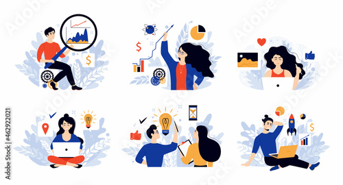 Set of diverse team colleague vector flat illustration. Finance prediction, trends forecast and business strategy analytics flat vector illustration set © SERHII