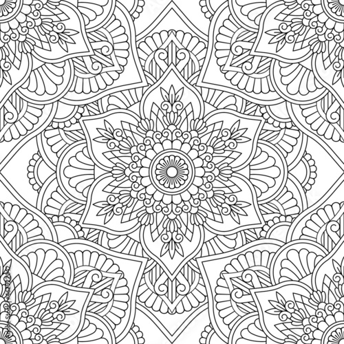 Abstract seamless mandala pattern. Texture in white and black colors. For design, fashion print, scrapbooking, coloring pages